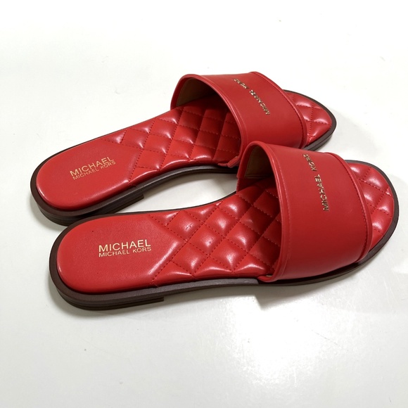 NWOB MICHAEL KORS Quilted Slide Sandal Signature Logo Orange Red PU - Picture 4 of 11